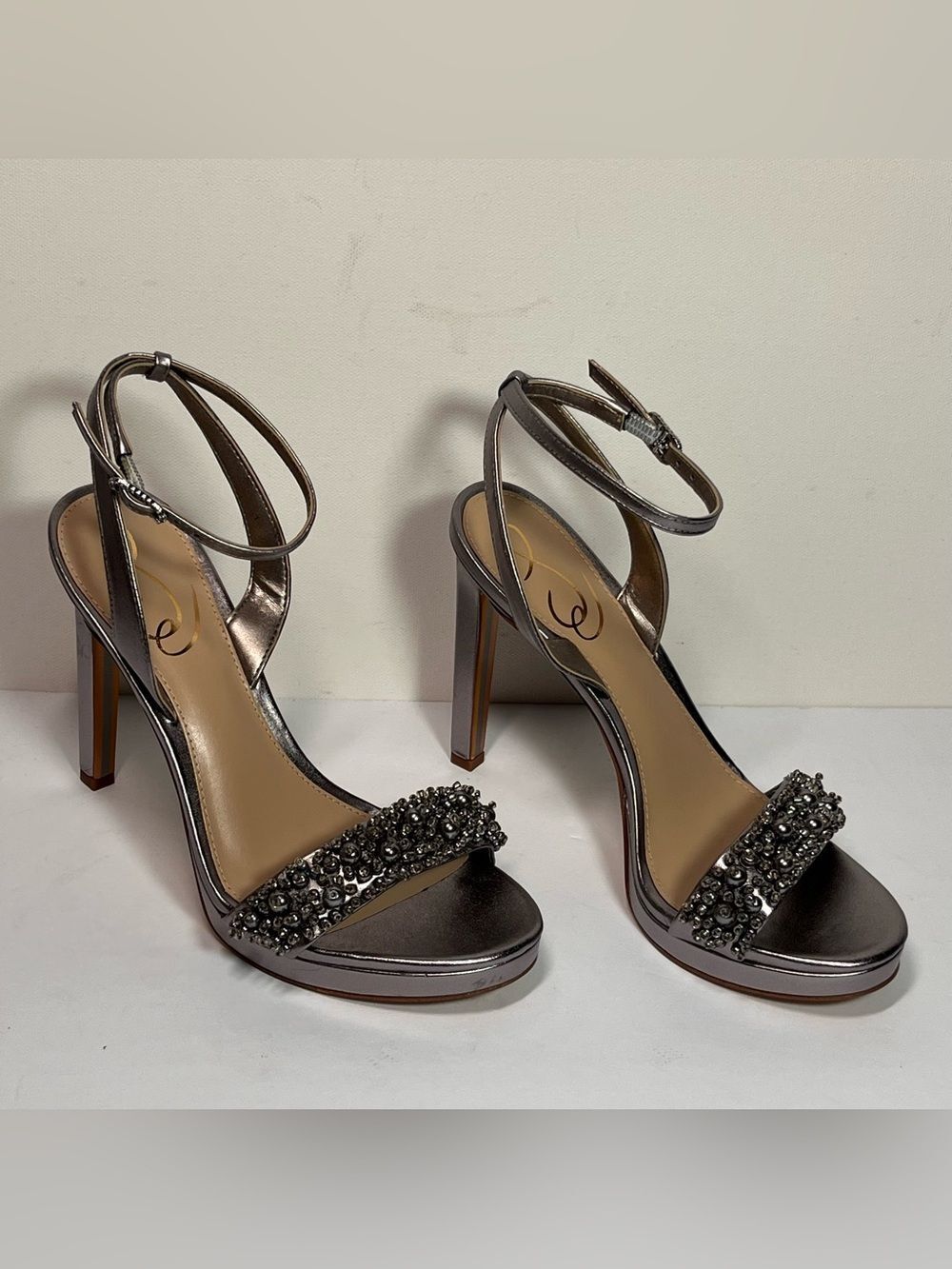 SAM EDELMAN Jade Perla Embellished Ankle Strap Heels